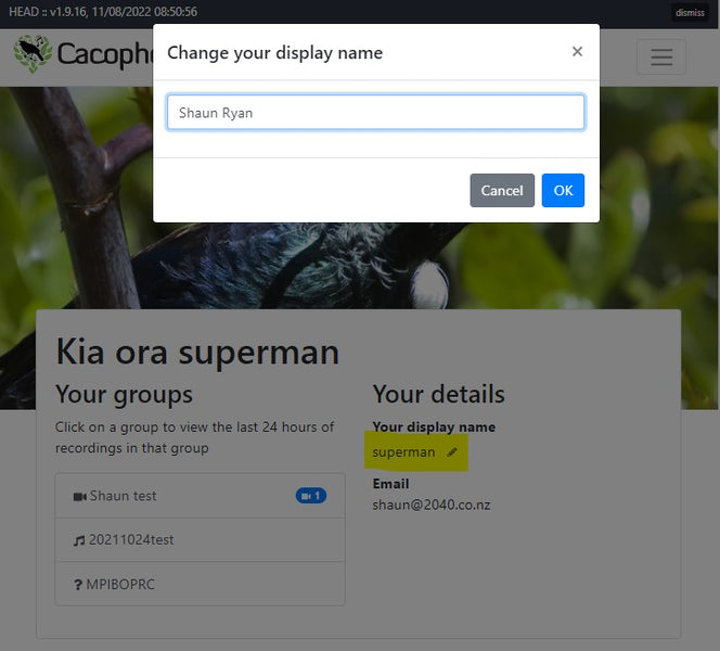 Change your display name on Cacophony browse
